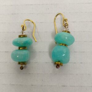 Gently Worn Aqua Glass Bead Earrings with Gold Tone Accents